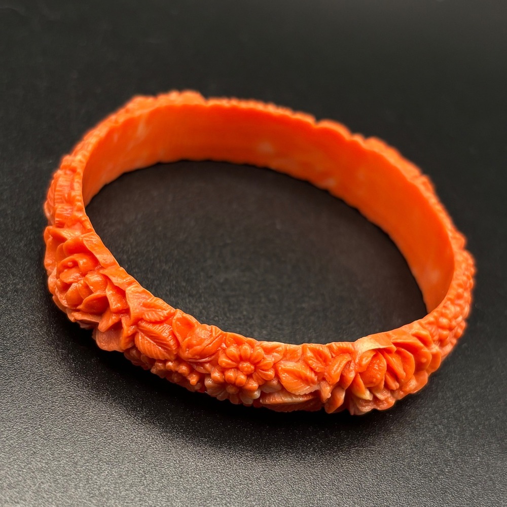 Vintage Celluloid Bangle Orange Molded Flowers Floral 7.75 " - Picture 3 of 7